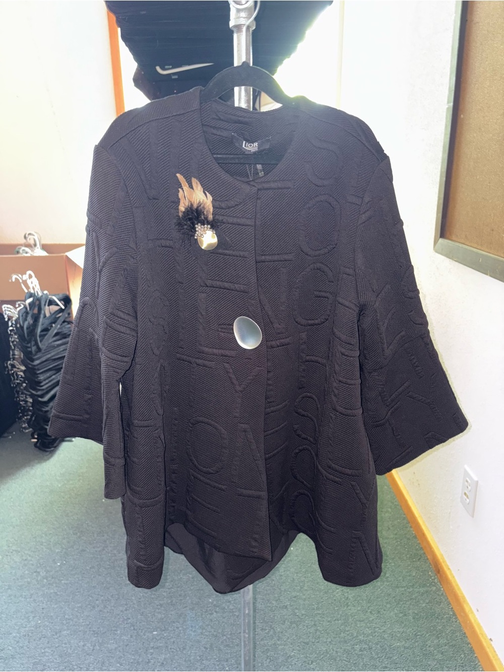L'Böw Black Textured Swing Coat with Decorative Brooch